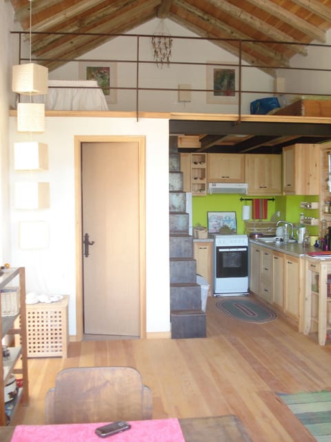 the kitchen and the attic with two extra beds