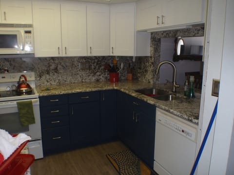 Granite kitchen with top of the line wood cabinets.  Nice easy to clean flooring