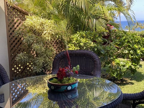 Beautiful lanai with ocean view. Enjoy upscale outdoor table and chairs. 