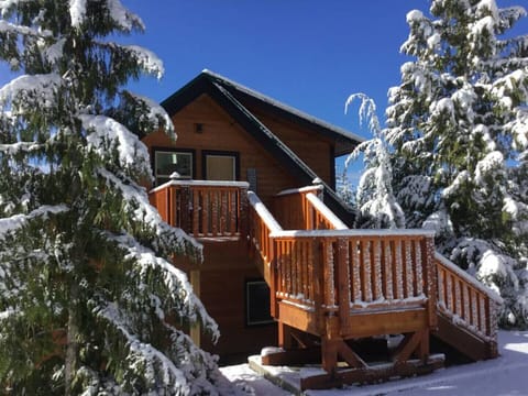 Winter view of the entrance and private decksPond