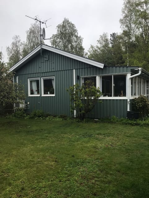 The small garden and view of the house with living room left, glass porch right