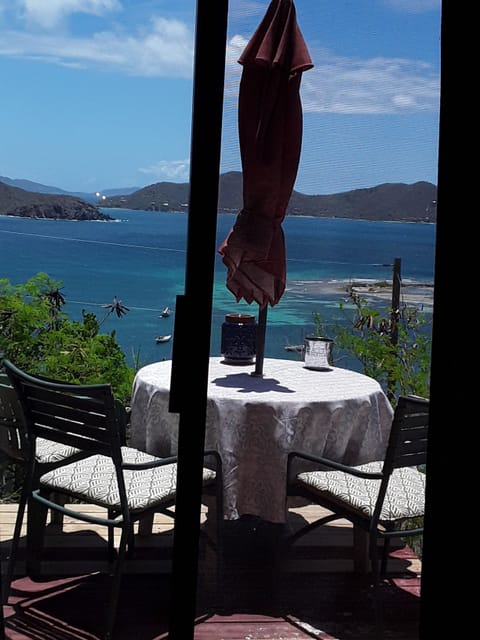 a view of the deck and ocean from the bedroom