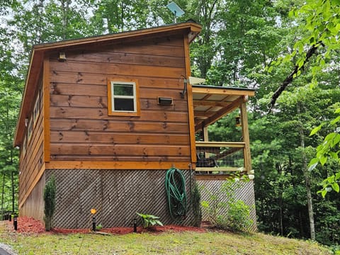 right side of cabin coming up driveway with Starlink satellite dish and cellular