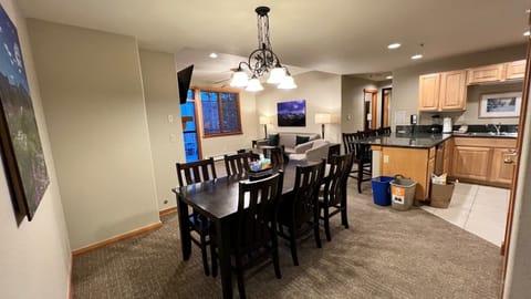 Full size kitchen, 6 person dinning room, and living room  with fireplace 