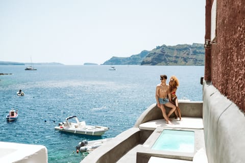 Private terrace with private plunge pool, overlooking Ammoudi Bay
