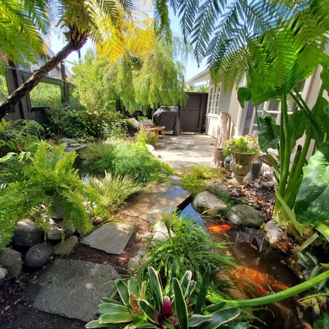 SIDE YARD WITH KOI POND, BBQ