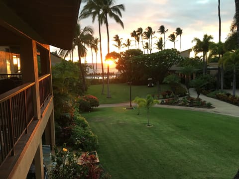 Sunset view from lanai. Steps from the beach!