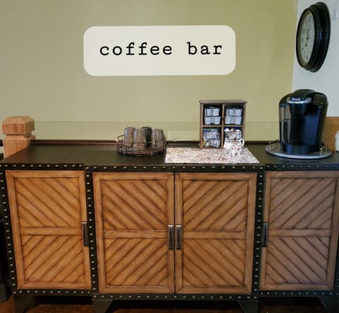 Fully stocked coffee bar. Assorted flavors, hot cocoa, teas, creamer, sweeteners
