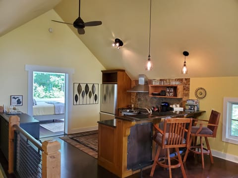 High ceilings and nature views at both 'ends' of the house. Barn door to Master.