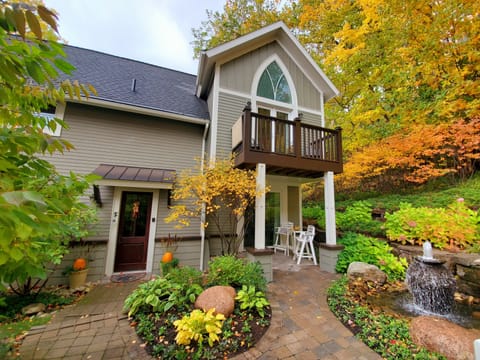Beautiful courtyard with fountain, balcony, covered seating. 
