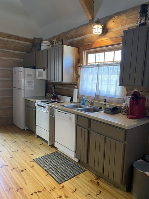 Full kitchen with smaller refrigerator, dishwasher and three burner stove