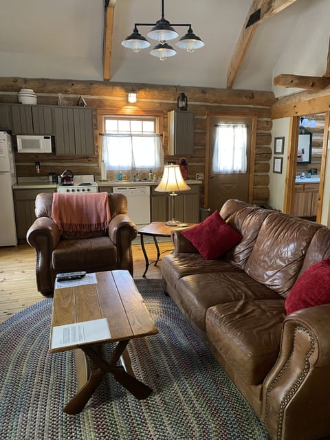 Great room with leather seating and vaulted ceiling