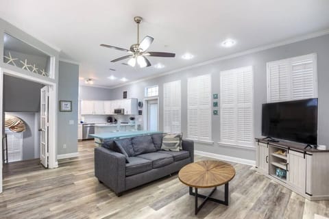 Open-concept living room with smart TV