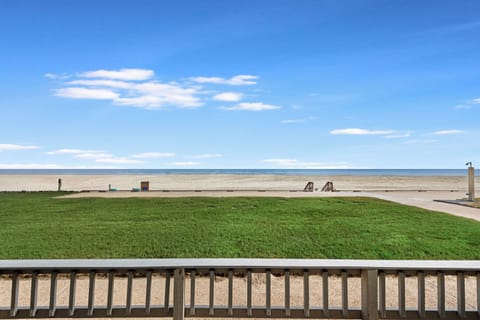 Expansive beachfront stretches endlessly under clear blue skies, offering pristine sandy shores just steps from the property.