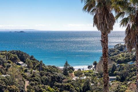 VIEW FROM THE UPSTAIRS BALCONY DOWN TO PALM BEACH, THE OCEAN AND ISLANDS BEYOND
