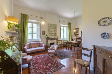 The spacious dining living with fireplace