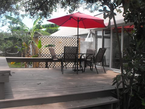 Shady deck under live oak trees