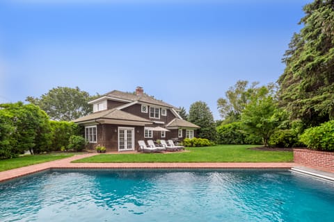 Main House View of Lawn and Heated Gunite Pool