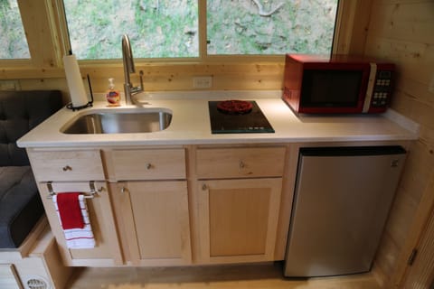 Small but mighty kitchen has an induction stovetop and mini fridge