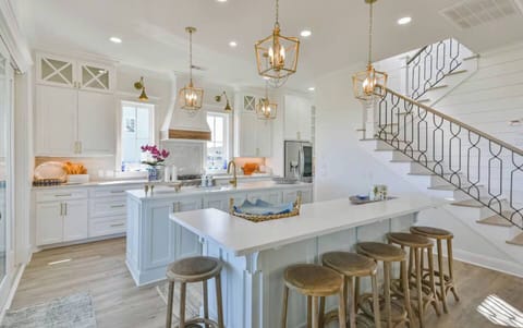 Kitchen with double islands, eating island seats 7