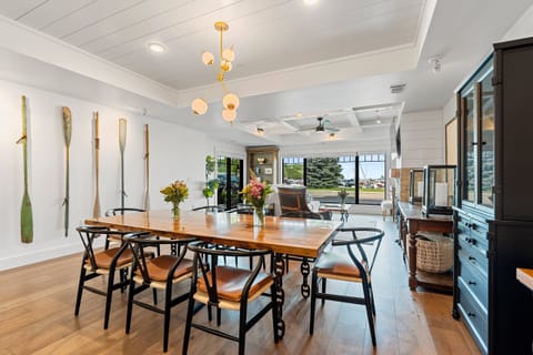 Dine at the custom table made from reclaimed wood from the SB schoolhouse.  