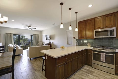 Primary living area is on second level. Living room, kitchen and dining. Dining table for 6 plus bar stools.