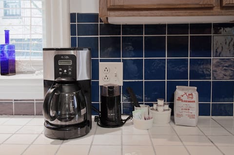 Drip coffee pot downstairs, Keurig maker upstairs.