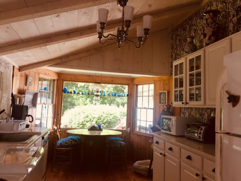 Eat in Kitchen with all amenities - wood floor, D/W, fun wallpaper