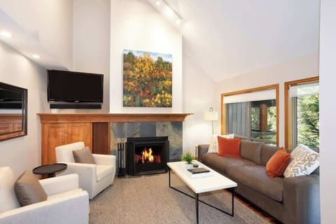 - Warm up by the glowing fireplace in this inviting modern mountain retreat  
- Spacious living room with soft seating, large windows, and forest scenery  
- Perfect for relaxing evenings after skiing or exploring the mountain trails 