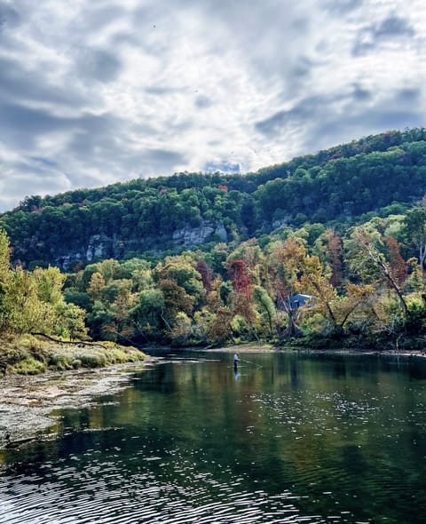 A beautiful fall day captures a fly fisherman in the shoals just below our dock.