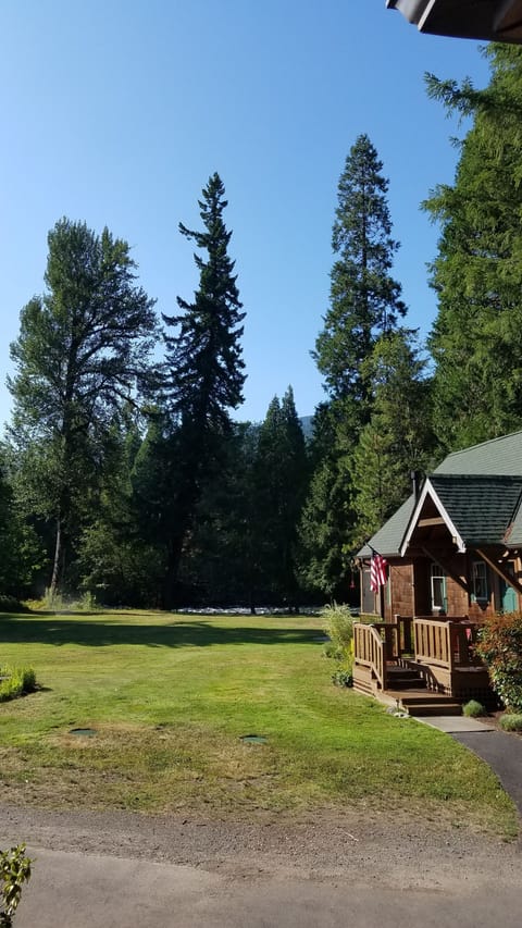 huge riverfront meadow right in front of the cabin.