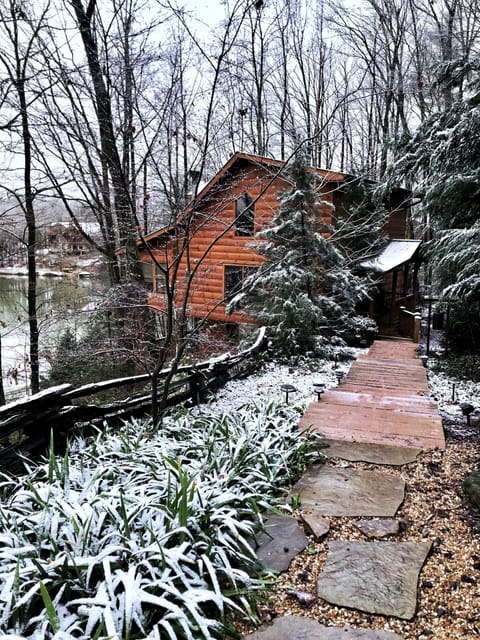 Front of cabin in the winter