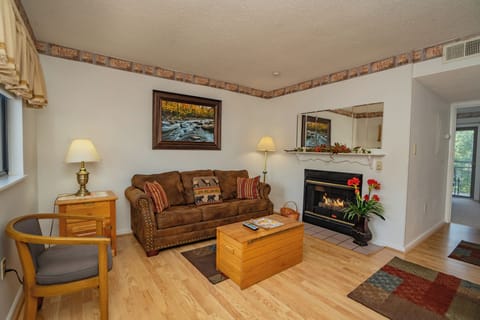 Unwind in your cozy living room, where a crackling fireplace and plush sofa invite you to relax after a day of mountain adventures.