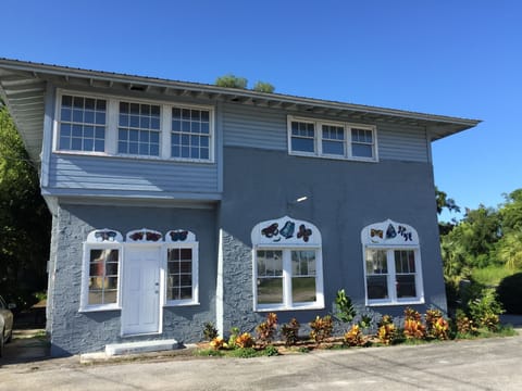 The building front decorated with stained glass butterflys