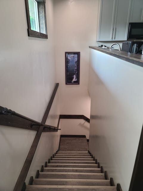 Stairway coming up to the apartment. 