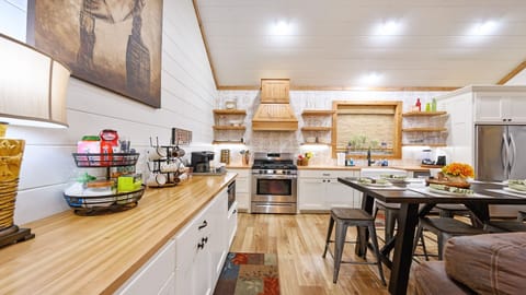 Dining Table (seats 6), Floating Shelves, Vent-a-Hood over Gas Stove