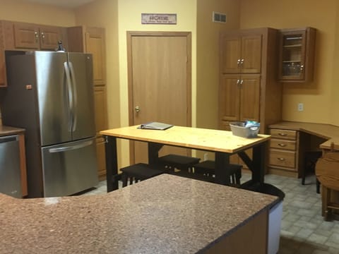 Kitchen island and desk area.