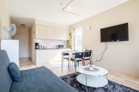 Living room with a comfortable sofa and TV. 
