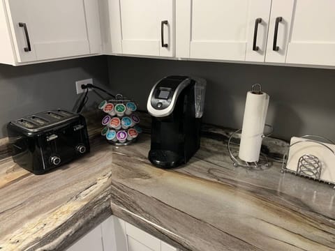 Full size kitchen. Recently remodeled. Stocked with standard kitchen supplies.