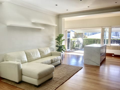 Bright living room. 
Leather couch also opens out as a double bed