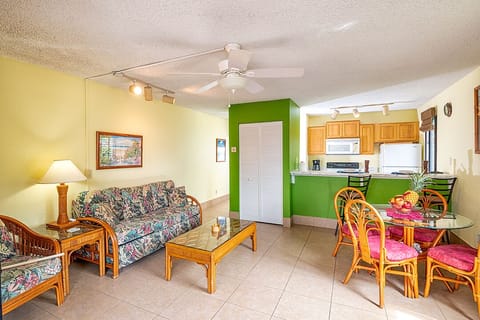 Comfortable living area featuring a queen sofa bed, cable TV, cooling A/C from the living room, and easy access to the lanai.