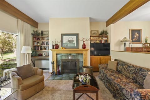 Spacious and comfortable living room with fireplace and flat screen TV