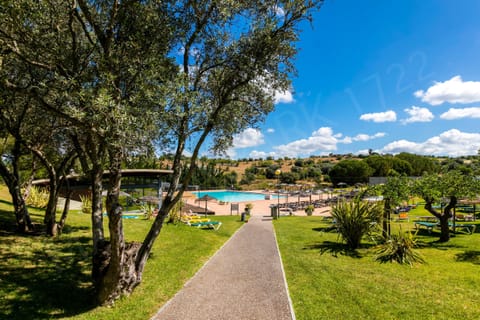 Lush resort gardens with palm trees and a sparkling communal swimming pool at Marina Park, Lagos, Algarve