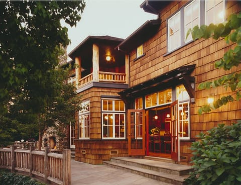 Exterior patio with river rock fire place