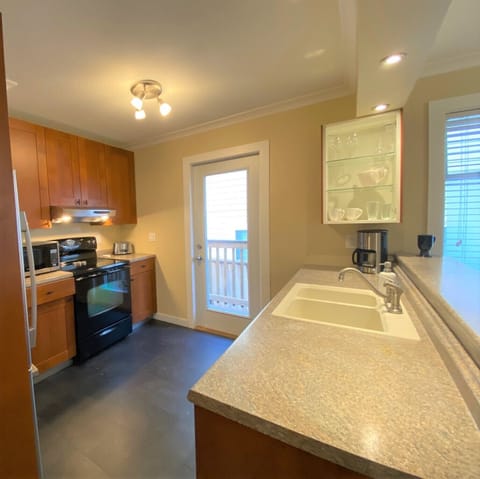 kitchen door leads down the steps to the back patio