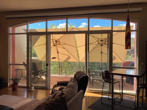 Living area and deck overlooking the Animas river.