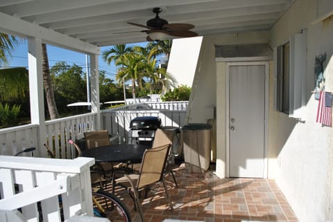 Gas grill, ceiling fan, table and chairs