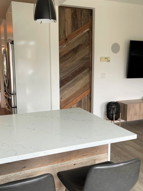 looking back from deck into kitchen / TV room. Barn door slides for quiet