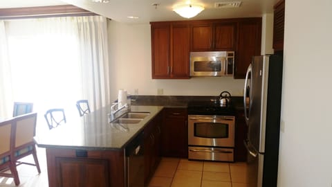 Kitchen overlooks dining room