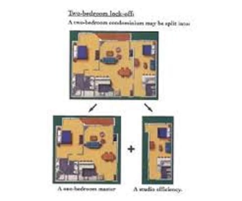 View of the two bedroom unit (top), one bedroom (left), and efficiency (right)